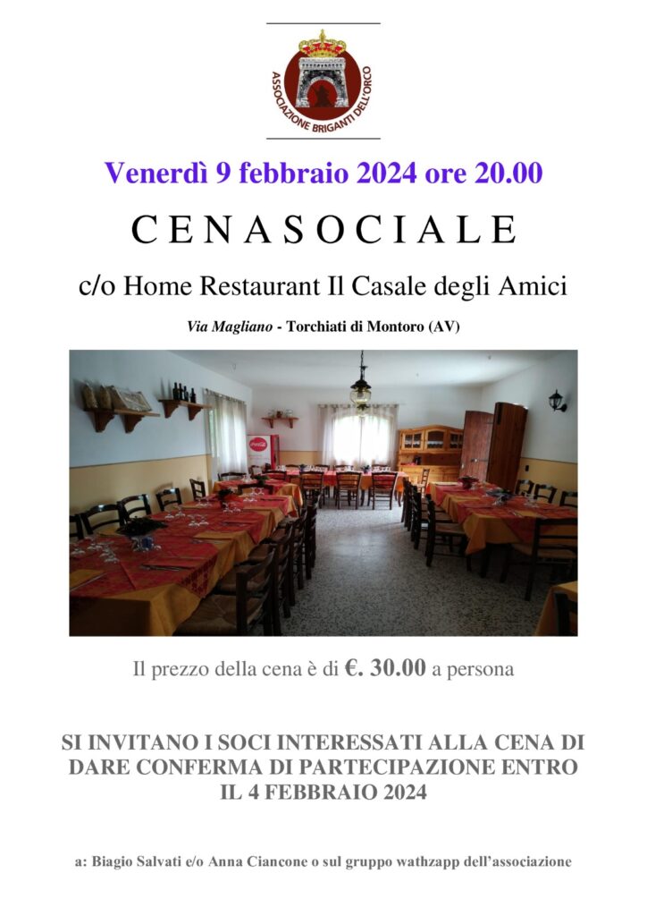 Venerdi 9 Febbraio 2024 ore 9:00 - Cena Sociale